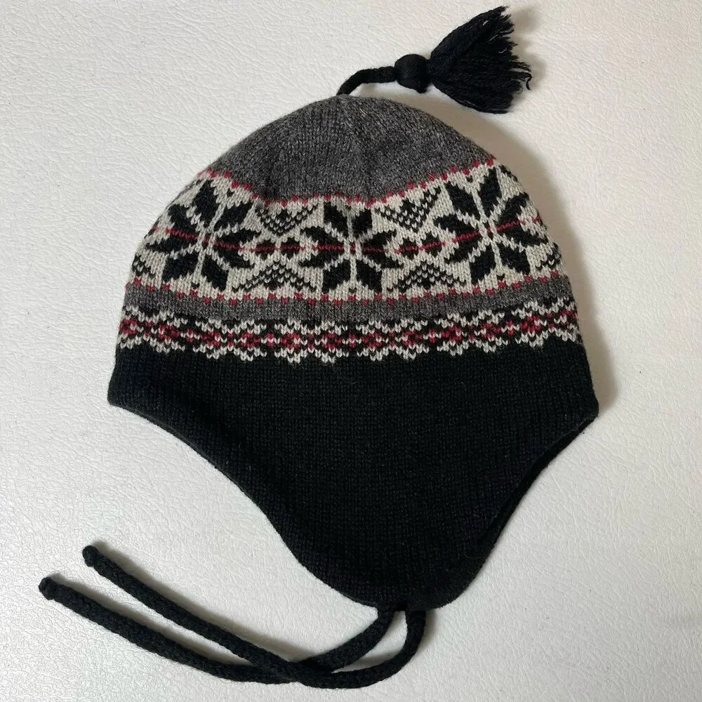 Vtg Woolrich Hat Black Gray Red Fair Isle Wool Blend Winter Beanie Ski Snow